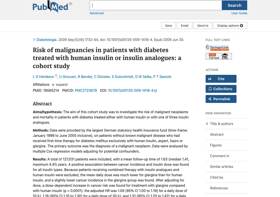 Risk of malignancies in patients with diabetes treated with human insulin or insulin analogues: a cohort study