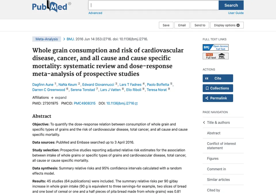 Whole grain consumption and risk of cardiovascular disease, cancer, and all cause and cause specific mortality: systematic review and dose-response meta-analysis of prospective studies